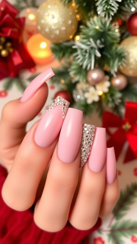 Long pink stiletto nails with glitter and holiday designs on a festive background.